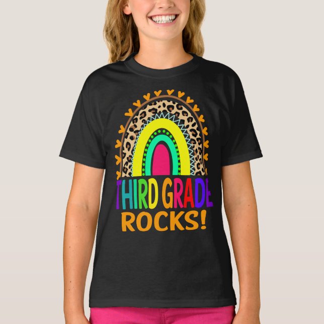 Third Grade Rocks Rainbow Leopard Back To School  T-Shirt (Front)