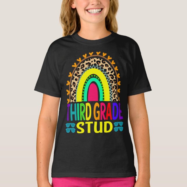 Third Grade Stud Rainbow Leopard Back To School  T-Shirt (Front)