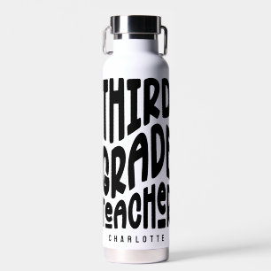 Third Grade Teacher Black Text Water Bottle