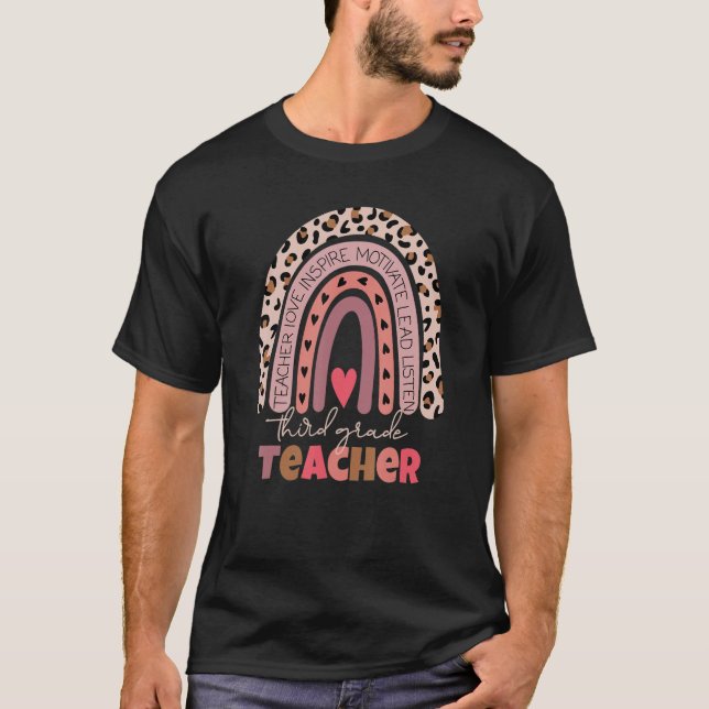 Third Grade Teacher Teach Love Inspire Boho Rainbo T-Shirt (Front)