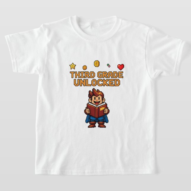 Third Grade Unlocked Gamer Pixel Art Reading T-Shirt (Laydown)