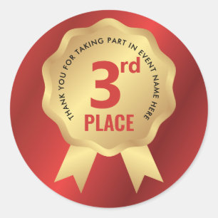 Third Place Medal Award Red & Gold Competition Classic Round Sticker