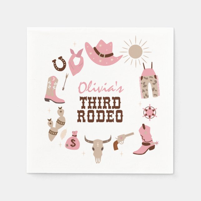 Third Rodeo Pink Western Cowboy 3rd Birthday Napkin (Front)