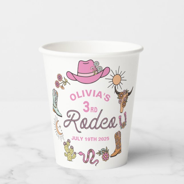 Third Rodeo Pink Western Cowboy 3rd Birthday Paper Cups (Front)