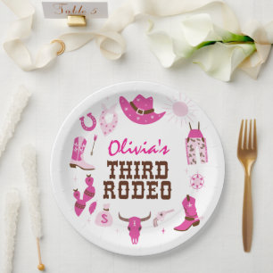 Third Rodeo Pink Western Cowboy 3rd Birthday Paper Plate