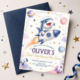 Third Trip Around the Sun Shark Space Birthday Invitation