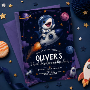 Third Trip Around the Sun Space Shark Birthday Invitation