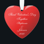 Third Valentine's Day Together Names Heart Red Ornament<br><div class="desc">Printed with monogrammed name templates and year template in romantic red heart background for couples celebrating their third Valentine's day together. Makes a beautiful Valentine's day gift for him or her.</div>