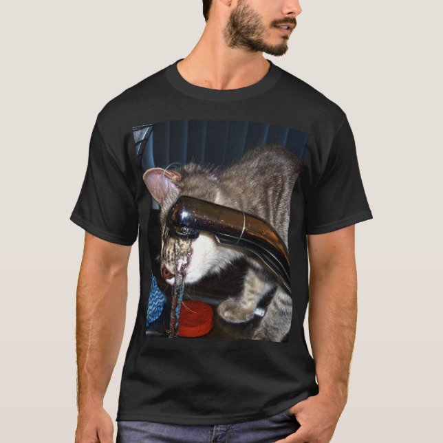 Thirsty Cat Drinking From Kitchen Tap, T-Shirt (Front)
