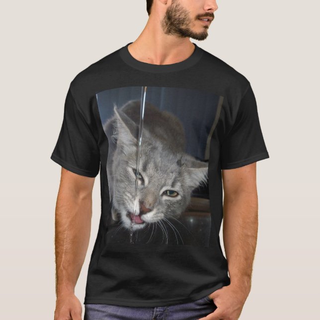 Thirsty Cat Drinking From Kitchen Tap. T-Shirt (Front)