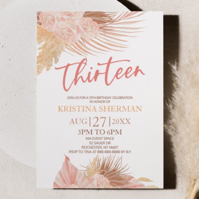 Thirteen Boho Pink Floral 13th Birthday Party Invitation (Creator Uploaded)