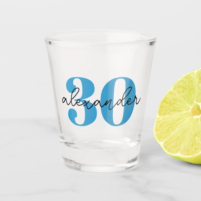 Thirty 30th birthday age modern script  shot glass (Front)