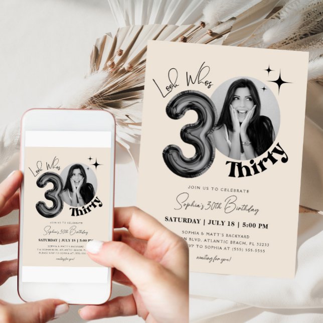 Thirty  30th Birthday Black Beige Modern Photo Invitation (Creator Uploaded)