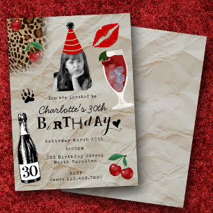 Thirty 30th Birthday Custom Photo Cherry Leopard Invitation