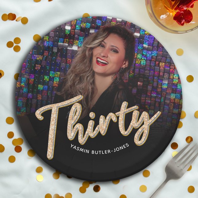 Thirty 30th Birthday custom photo script gold Paper Plate (Creator Uploaded)