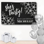 Thirty 30th Birthday Party Banner<br><div class="desc">Thirty Black And White 30th Birthday Party Banner: Make a statement at your event with this stylish 30th birthday banner. Featuring a sophisticated black background adorned with white flowers, this banner combines classic serif fonts and script typography to create a chic look. The text can be personalised to highlight the...</div>