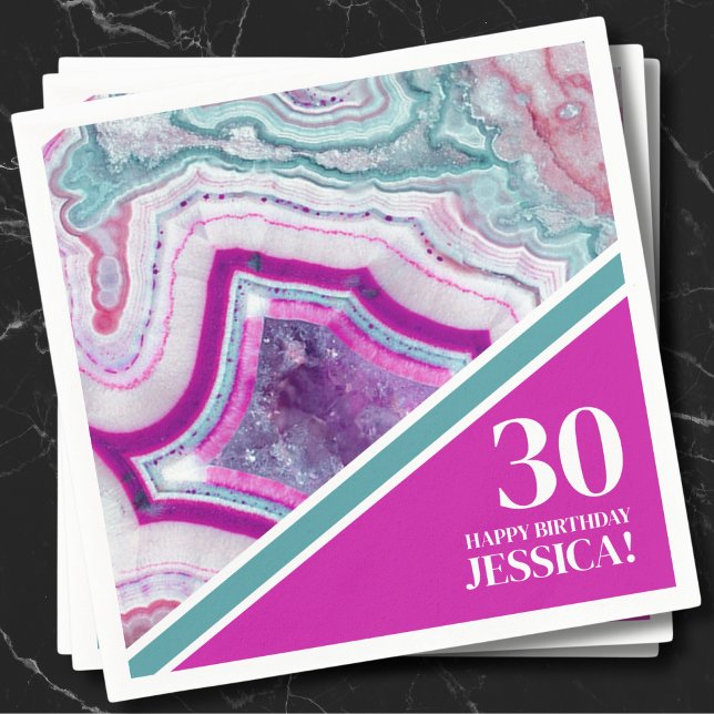Thirty 30th Birthday Party Napkin (Bright Turquoise Pink Agate 30th Birthday Party Napkins)