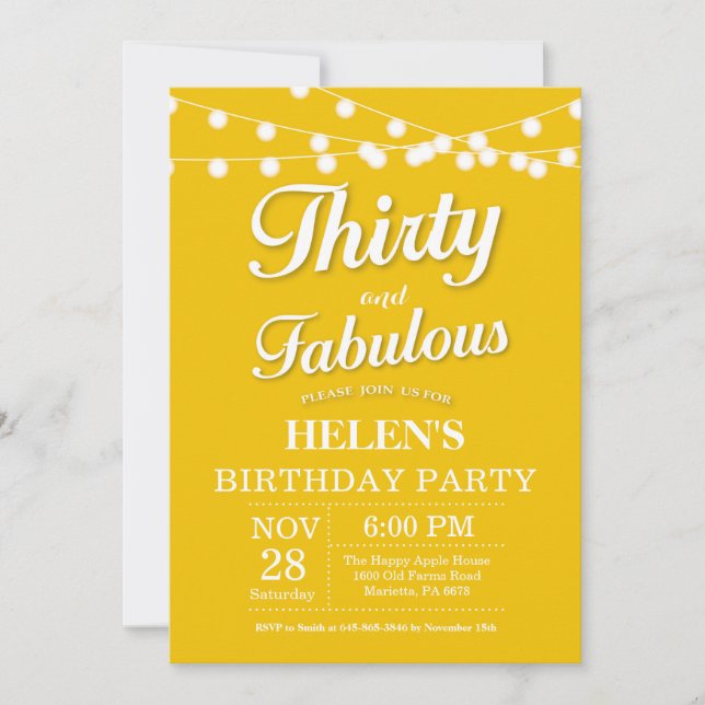 Thirty and Fabulous Birthday Invitation Yellow (Front)