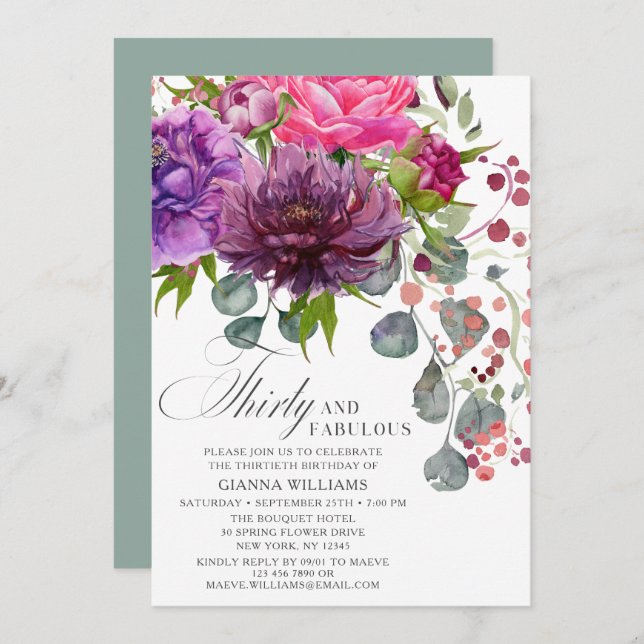Thirty and Fabulous Elegant Floral 30th Birthday Invitation (Front/Back)