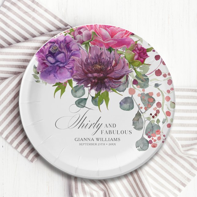 Thirty and Fabulous Elegant Floral 30th Birthday Paper Plate (Creator Uploaded)