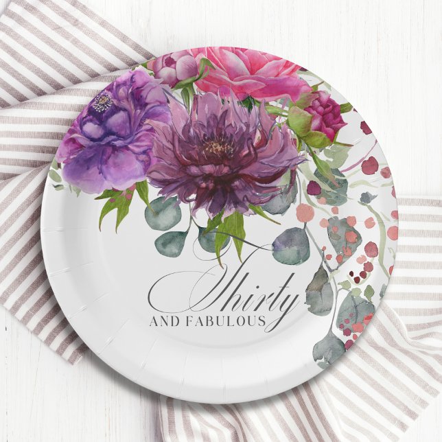 Thirty and Fabulous Elegant Floral 30th Birthday Paper Plate (Creator Uploaded)