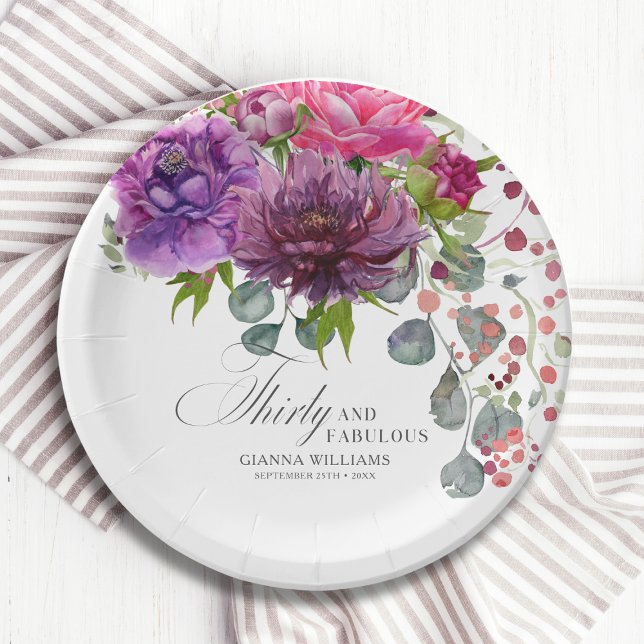 Thirty and Fabulous Elegant Floral 30th Birthday Paper Plate (Creator Uploaded)
