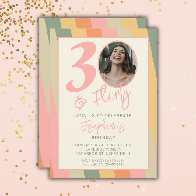 Thirty and Flirty Boho Pink Photo Birthday Party Invitation (Creator Uploaded)