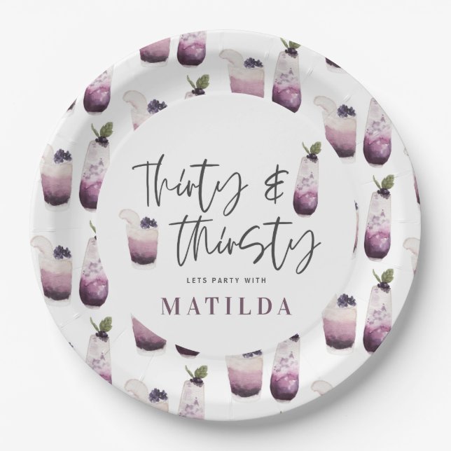 Thirty and thirsty 30th birthday party paper plate (Front)