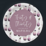 Thirty and thirsty 30th birthday party paper plate<br><div class="desc">Thirty and thirsty 30th birthday party decor. Featuring elegant watercolor illustrations of cocktails,  wine,  rose,  gin,  in beautiful plum purple,  greys and greens. A great fun design to celebrate your milestone.</div>