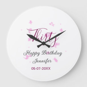 Thirty birthday pink glitter stars black 30th date large clock