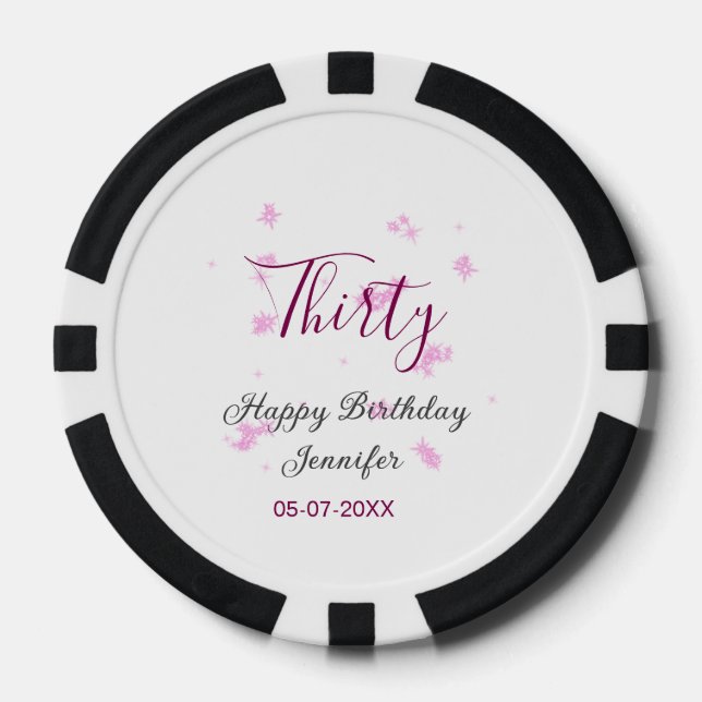 Thirty birthday pink glitter stars black 30th date poker chips (Front)
