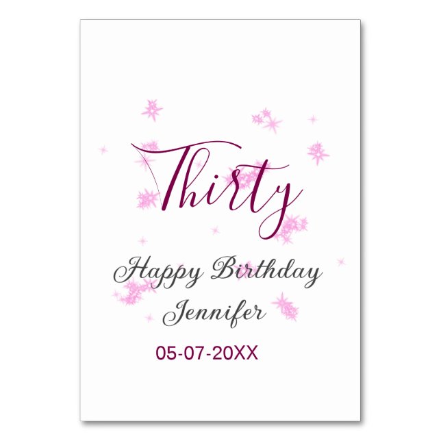 Thirty birthday pink glitter stars black 30th date table number (Front)