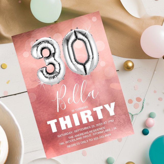Thirty Birthday Silver Balloon | Girly Pink Party Invitation (Creator Uploaded)