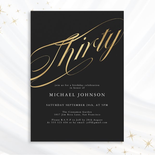 Thirty Black and Gold Modern 30th Birthday Invitation (Mockup View)