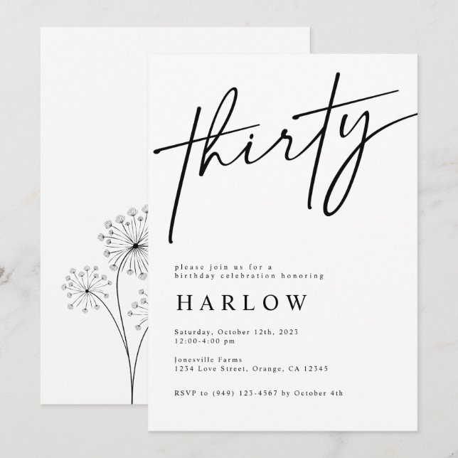 Thirty Black and White Birthday Invitation  (Front/Back)