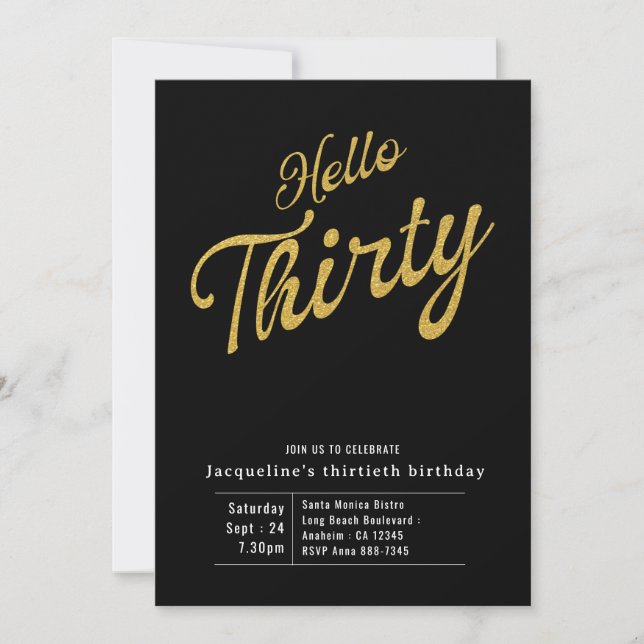 Thirty Black Gold Modern 30th Birthday Invitation (Front)