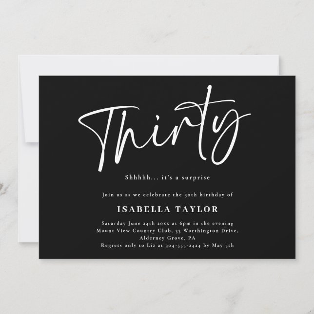 Thirty Black White Minimalist 30th Birthday Invitation (Front)