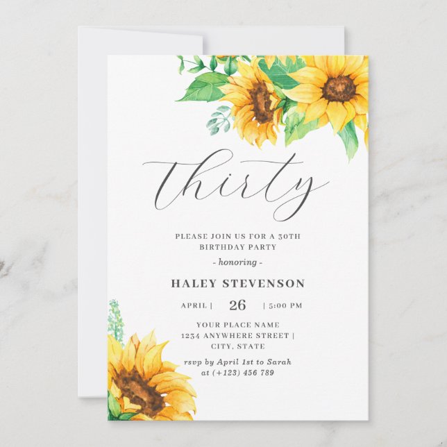 Thirty Chic Yellow Sunflower Floral 30th Birthday Invitation (Front)