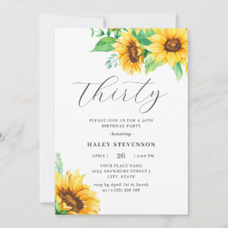 Thirty Chic Yellow Sunflower Floral 30th Birthday Invitation