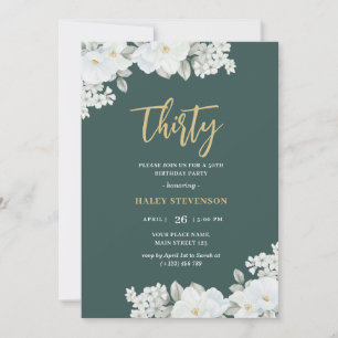 Thirty Emerald Green & Gold White Floral Birthday Invitation