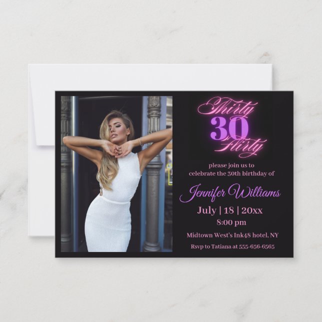 thirty flirty,30th birthday photo pink neon black  invitation (Front)