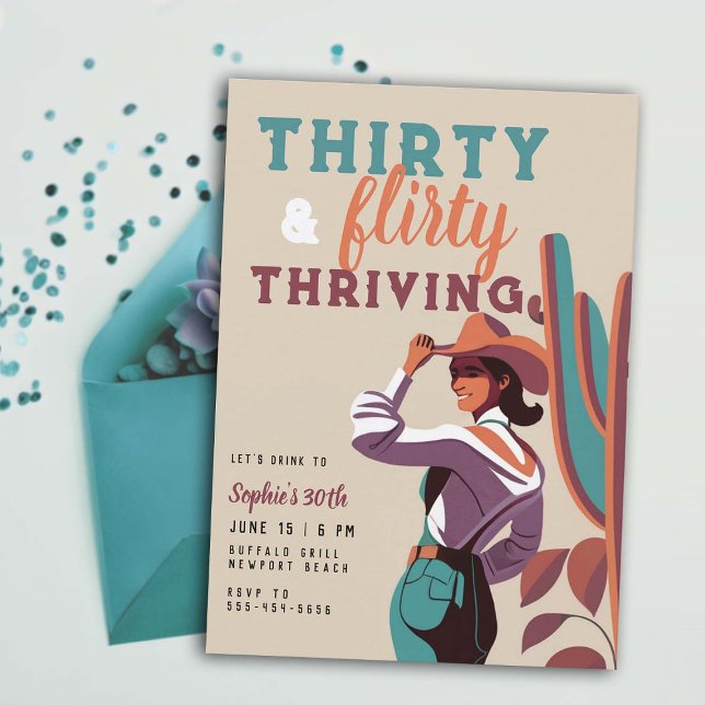 Thirty Flirty Retro Country Western 30th Birthday Invitation (thirty flirty retro country western vintage poster 30 birthday invitation women elegant southwestern)