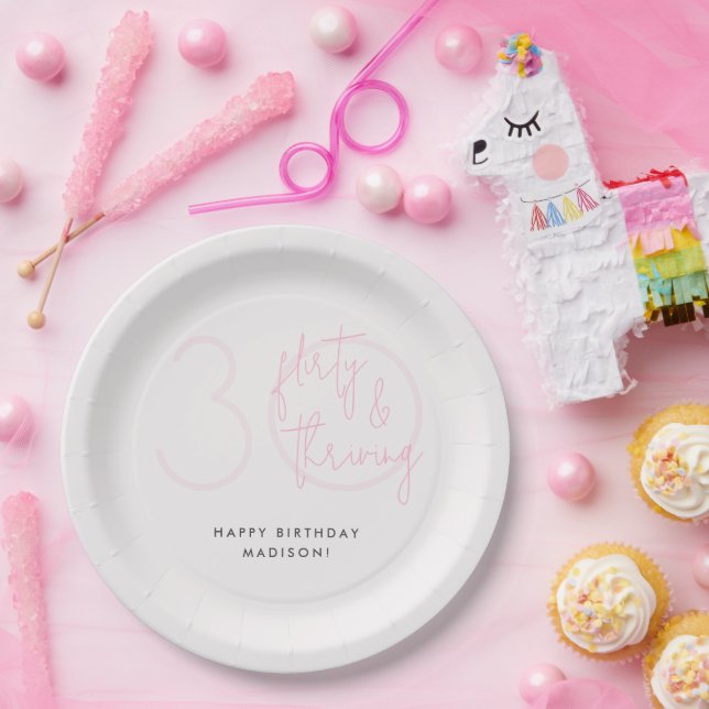 Thirty, Flirty Thriving Modern Pink 30th Birthday  Paper Plate (Party)