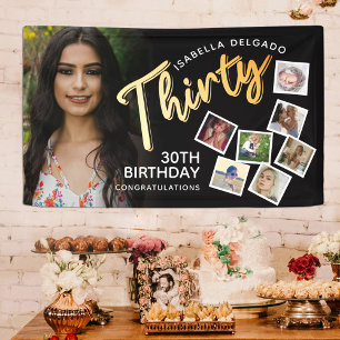 Thirty gold 30th Birthday photos on black Banner