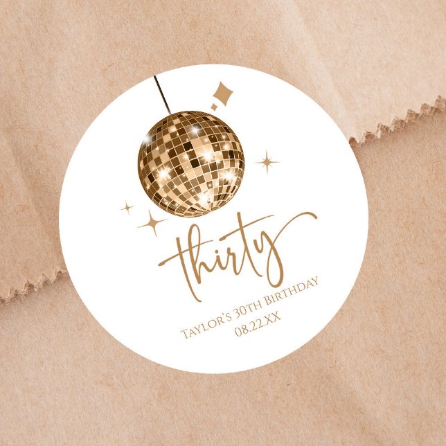 Thirty Gold Disco Ball 30th Birthday Party Classic Round Sticker (Creator Uploaded)