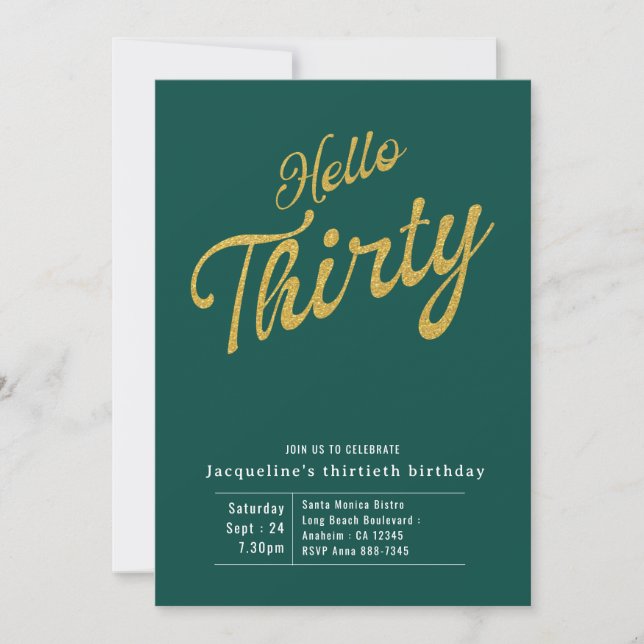 Thirty Green Gold Modern 30th Birthday Invitation (Front)