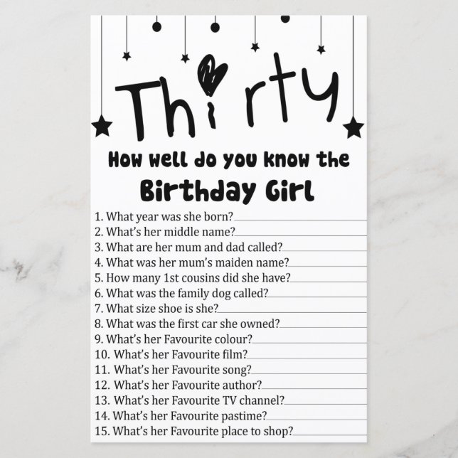 Thirty How well do you know the birthday girl (Front)