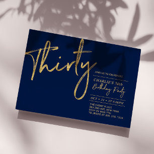 Thirty Navy & Gold Modern 30th Birthday Party Invitation