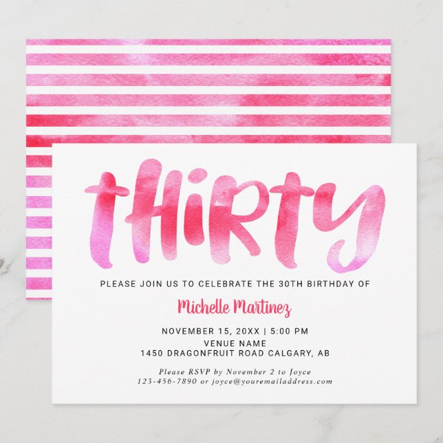 Thirty Pink Watercolor Wash 30th Birthday Woman Invitation (Front/Back)
