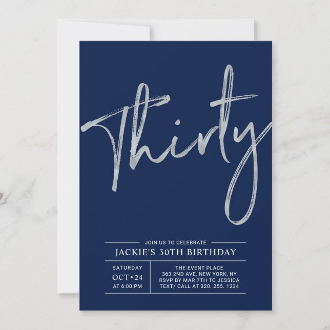 Thirty | Silver & Blue Modern 30th Birthday Party Invitation (Front)